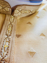Cream men's kurta pajama in raw silk with hand embroidery & mirror work on neckline — Kaash Collection