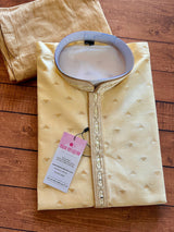 Cream men's kurta pajama in raw silk with hand embroidery & mirror work on neckline — Kaash Collection