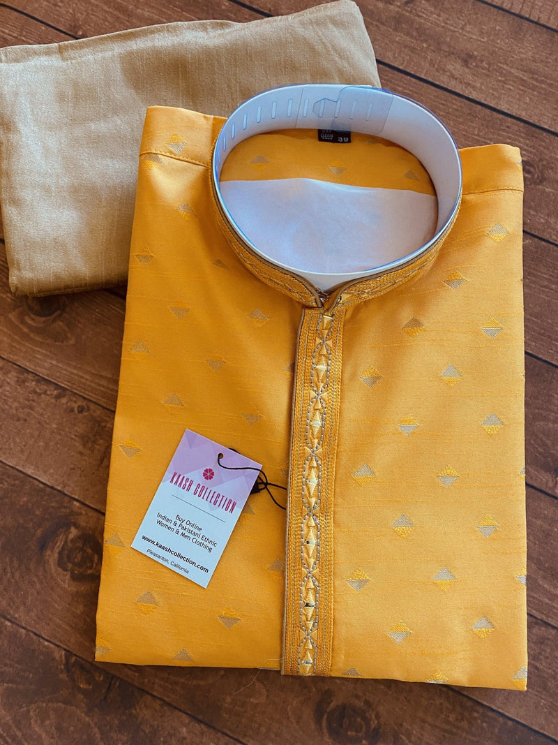 Mango Yellow men's kurta pajama in raw silk with hand embroidery & mirror work on neckline — Kaash Collection