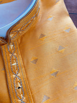 Mango Yellow men's kurta pajama in raw silk with hand embroidery & mirror work on neckline — Kaash Collection
