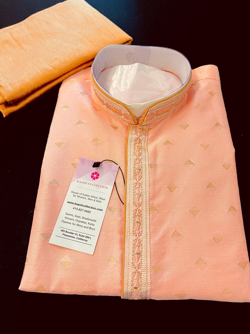 Readymade Pink Color Men Kurta Pajama Set with designer pattern in Raw Silk with lining | Festival and Wedding Mens Wear | Kaash Kurta - Kaash