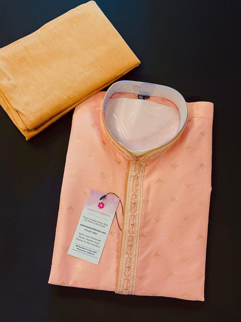 Readymade Pink Color Men Kurta Pajama Set with designer pattern in Raw Silk with lining | Festival and Wedding Mens Wear | Kaash Kurta - Kaash