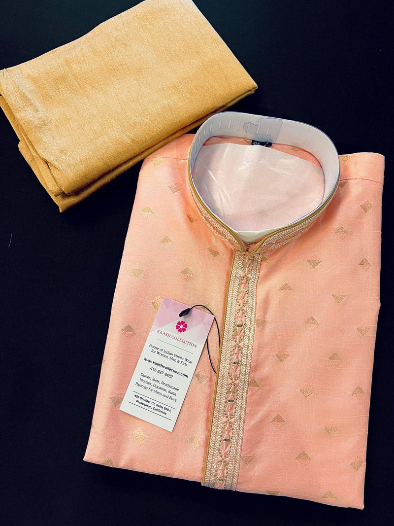 Readymade Pink Color Men Kurta Pajama Set with designer pattern in Raw Silk with lining | Festival and Wedding Mens Wear | Kaash Kurta - Kaash