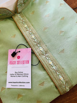 Pista Green men's kurta pajama in soft raw silk with hand embroidery & mirror work on neckline — Kaash Collection