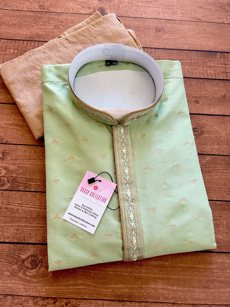 Pista Green men's kurta pajama in soft raw silk with hand embroidery & mirror work on neckline — Kaash Collection