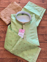 Pista Green men's kurta pajama in soft raw silk with hand embroidery & mirror work on neckline — Kaash Collection