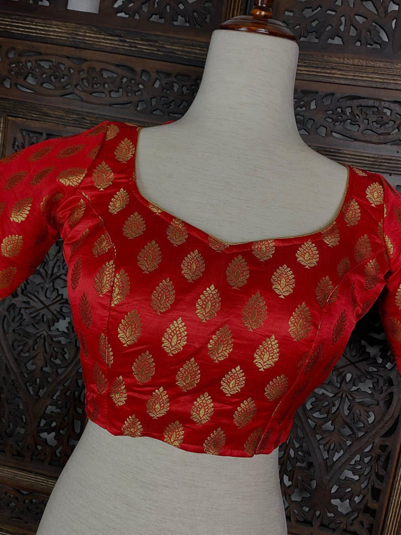 Readymade Red with Gold Buttis Pure Banarasi Silk Blouse - Kaash