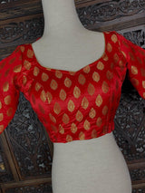 Readymade Red with Gold Buttis Pure Banarasi Silk Blouse - Kaash
