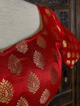 Readymade Red with Gold Buttis Pure Banarasi Silk Blouse - Kaash