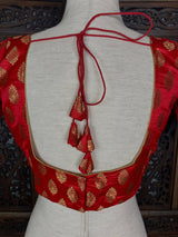 Readymade Red with Gold Buttis Pure Banarasi Silk Blouse - Kaash