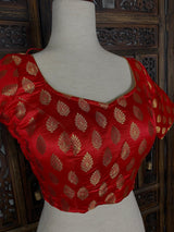 Readymade Red with Gold Buttis Pure Banarasi Silk Blouse - Kaash