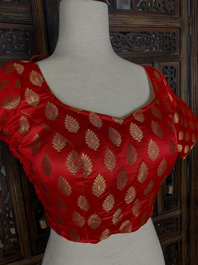Readymade Red with Gold Buttis Pure Banarasi Silk Blouse | Size 38 | Ready to Wear Blouses | Stitched Blouses | Kaash Collection - Kaash