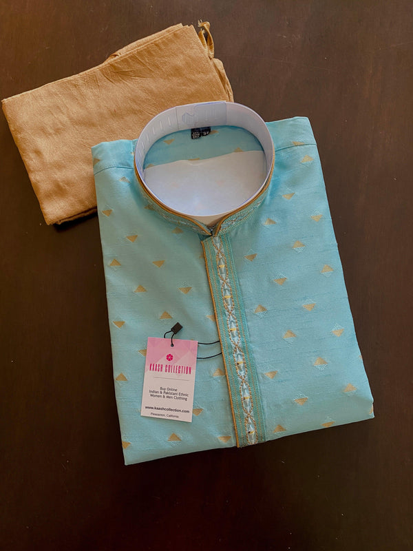 Readymade Sky Blue Color Men Kurta Pajama Set with designer pattern in Raw Silk - Kaash