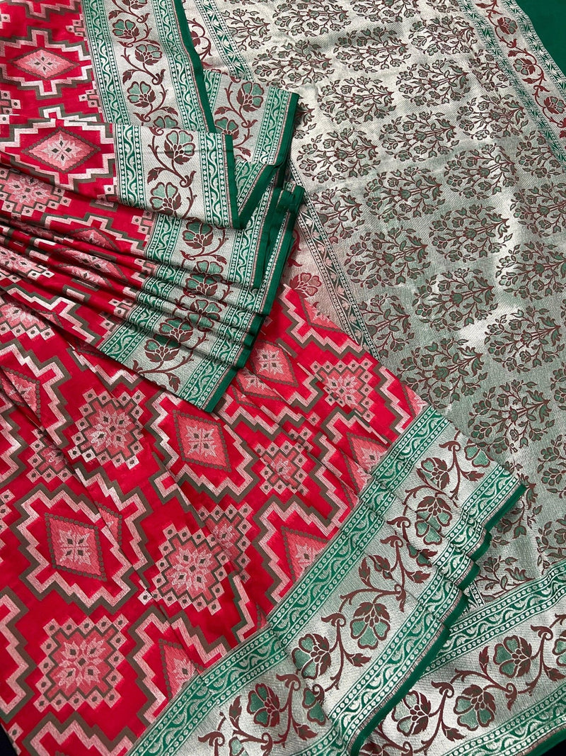 Red and Green Ikkat Design Banarasi Silk Weaved Saree with Paitani Style Borders with Meenakari - Kaash