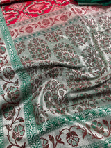 Red and Green Ikkat Design Banarasi Silk Weaved Saree with Paitani Style Borders with Meenakari - Kaash