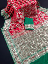 Red and Green Ikkat Design Banarasi Silk Weaved Saree with Paitani Style Borders with Meenakari - Kaash