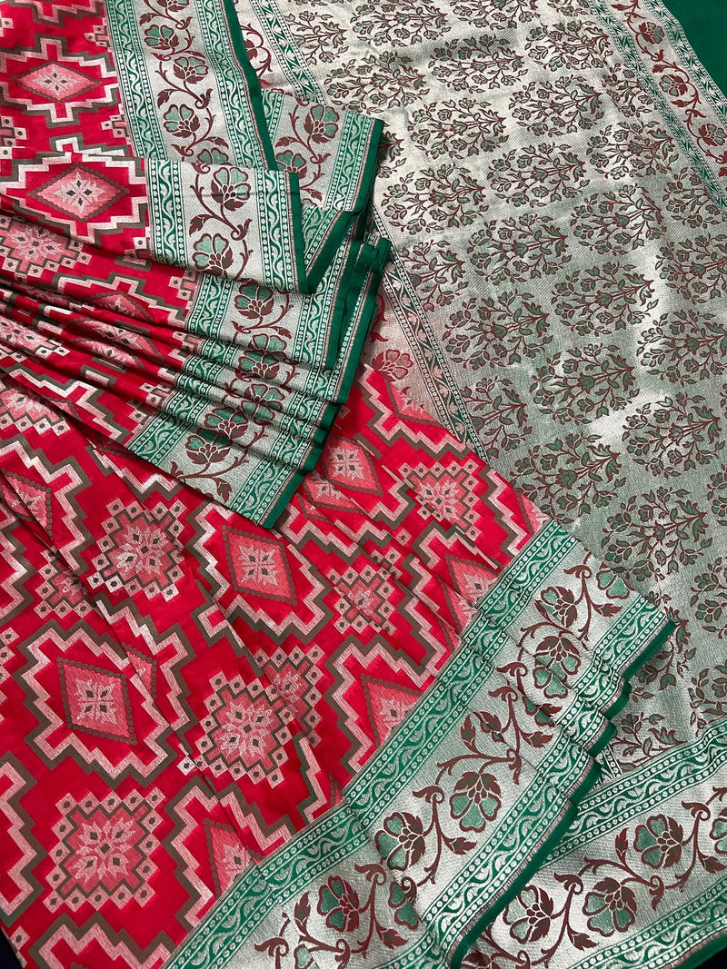 Red and Green Ikkat Design Banarasi Silk Weaved Saree with Paitani Style Borders with Meenakari | Banarasi Soft Handloom Silk Sarees - Kaash