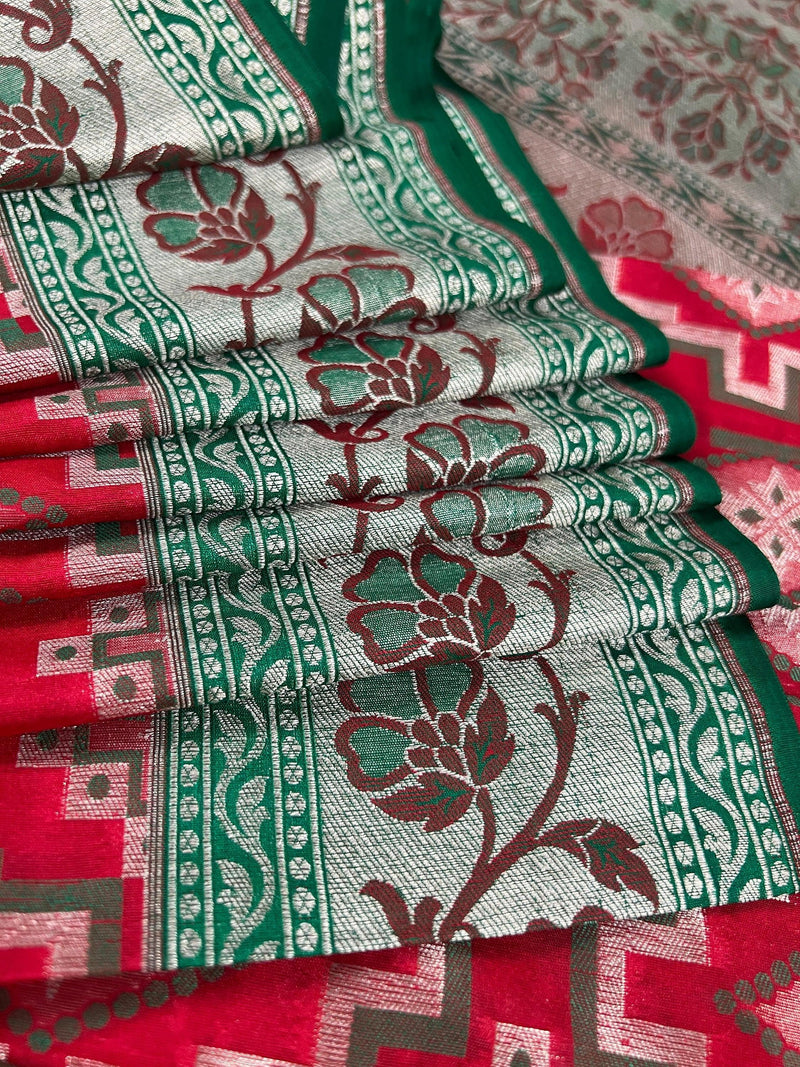 Red and Green Ikkat Design Banarasi Silk Weaved Saree with Paitani Style Borders with Meenakari | Banarasi Soft Handloom Silk Sarees - Kaash