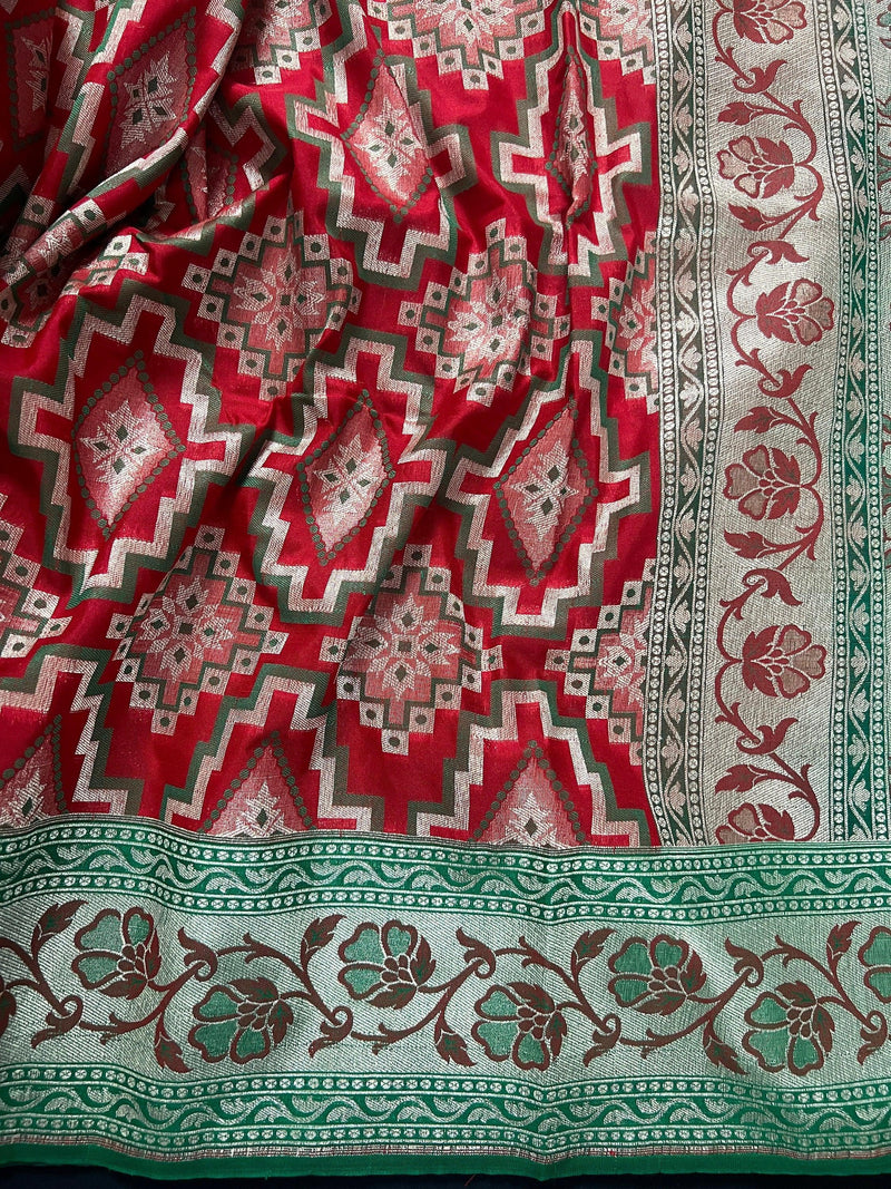 Red and Green Ikkat Design Banarasi Silk Weaved Saree with Paitani Style Borders with Meenakari | Banarasi Soft Handloom Silk Sarees - Kaash