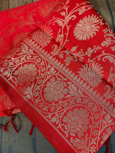 Red Banarasi Silk Floral dupatta in soft silk (non-pure) with floral jaal with muted gold zari — Kaash Collection