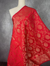 Red Banarasi Silk Floral dupatta in soft silk (non-pure) with floral jaal with muted gold zari — Kaash Collection