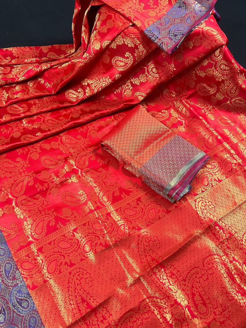 Red Color Handmade Banarasi Satin Silk Saree with Gold Weave | Parsley Pattern design all over the Saree | Purple Parsley on the borders - Kaash