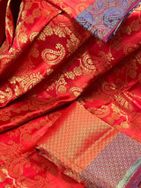 Red Color Handmade Banarasi Satin Silk Saree with Gold Weave | Parsley Pattern design all over the Saree | Purple Parsley on the borders - Kaash