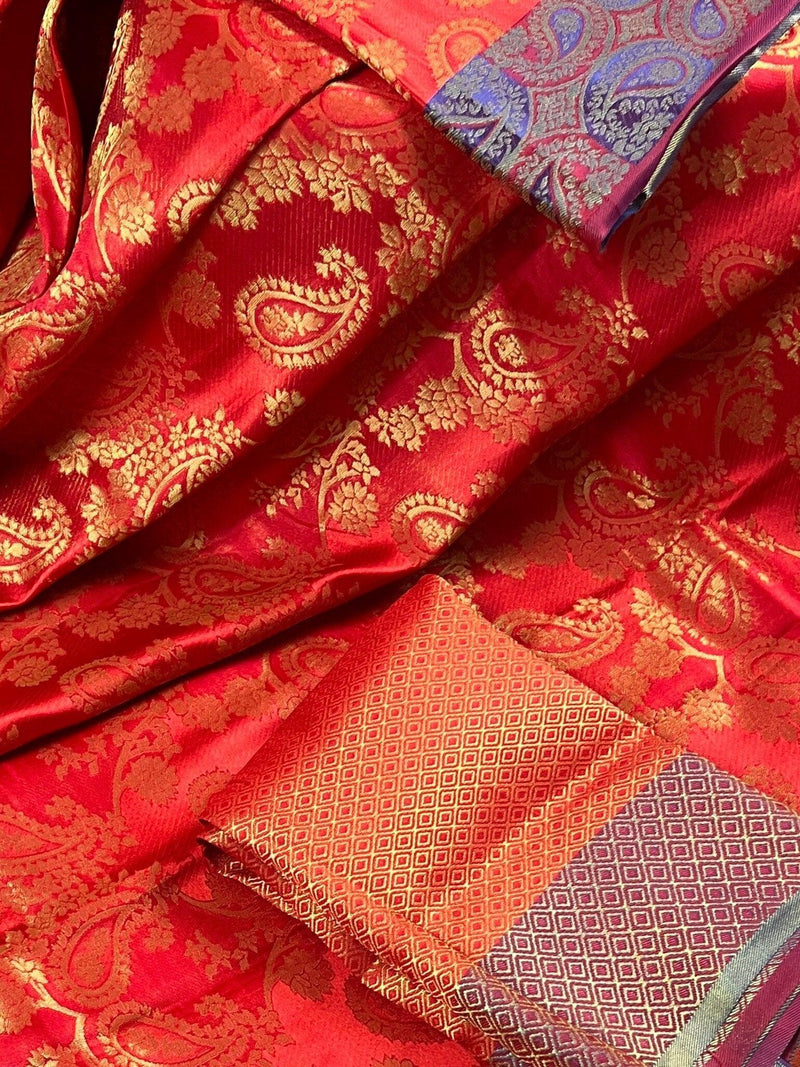 Red Color Handmade Banarasi Satin Silk Saree with Gold Weave | Parsley Pattern design all over the Saree | Purple Parsley on the borders - Kaash