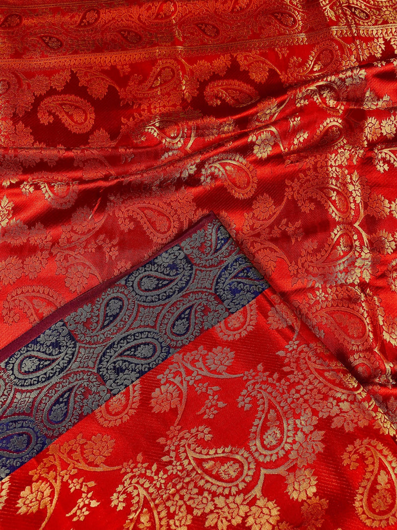 Red Color Handmade Banarasi Satin Silk Saree with Gold Weave | Parsley Pattern design all over the Saree | Purple Parsley on the borders - Kaash