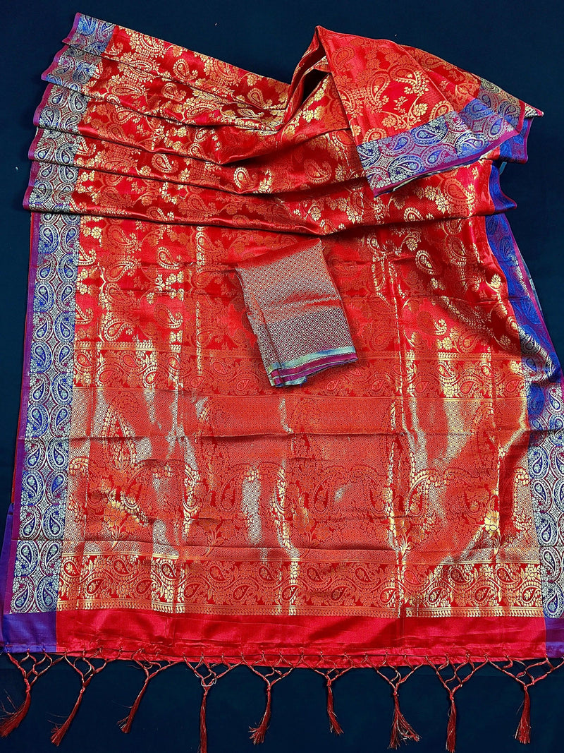 Red Color Handmade Banarasi Satin Silk Saree with Gold Weave | Parsley Pattern design all over the Saree | Purple Parsley on the borders - Kaash
