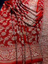 Red pure khaddi georgette banarasi silk saree with antique copper zari weave — Kaash Collection