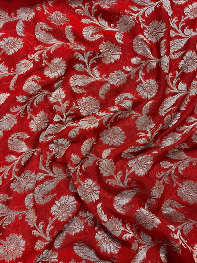 Red pure khaddi georgette banarasi silk saree with antique copper zari weave — Kaash Collection
