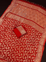 Red pure khaddi georgette banarasi silk saree with antique copper zari weave — Kaash Collection