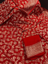 Red pure khaddi georgette banarasi silk saree with antique copper zari weave — Kaash Collection