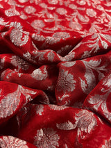 Red pure khaddi georgette banarasi silk saree with antique copper zari weave — Kaash Collection