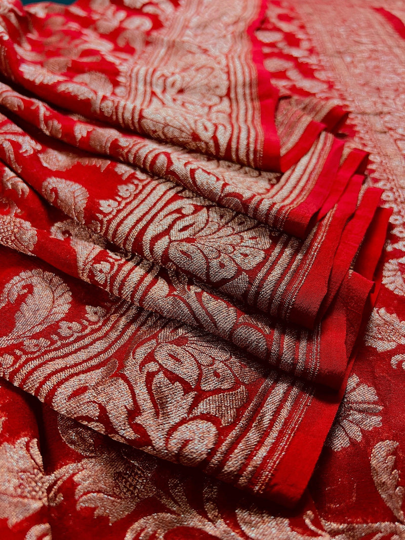 Red Color Pure Khaddi Georgette Banarasi Silk Saree with Antique Copper Zari Weave | Red Color Saree | SILK MARK CERTIFIED - Kaash