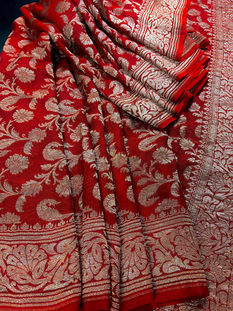 Red Color Pure Khaddi Georgette Banarasi Silk Saree with Antique Copper Zari Weave | Red Color Saree | SILK MARK CERTIFIED - Kaash