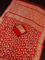 Red Color Pure Khaddi Georgette Banarasi Silk Saree with Antique Copper Zari Weave | Red Color Saree | SILK MARK CERTIFIED - Kaash