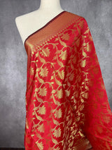 Reddish Maroon Soft Silk Floral dupatta in soft silk (non-pure) with floral jaal with muted gold zari — Kaash Collection