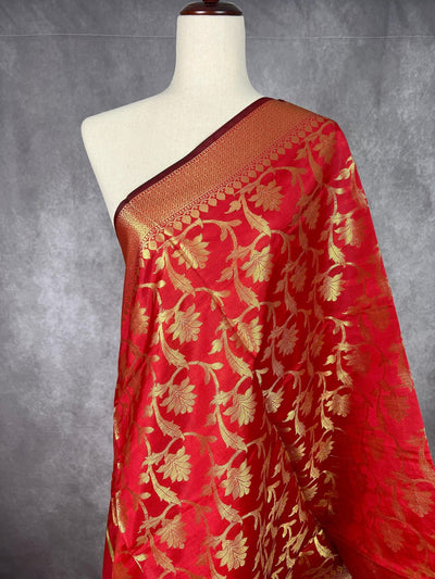 Reddish Maroon Soft Silk Floral dupatta in soft silk (non-pure) with floral jaal with muted gold zari — Kaash Collection