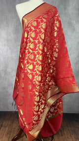 Reddish Maroon Soft Silk Floral dupatta in soft silk (non-pure) with floral jaal with muted gold zari — Kaash Collection