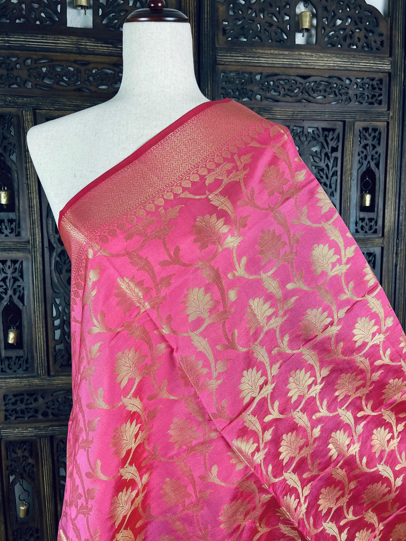 Rose Pink Soft Silk Floral dupatta in soft silk (non-pure) with floral jaal with muted gold zari — Kaash Collection