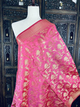 Rose Pink Soft Silk Floral dupatta in soft silk (non-pure) with floral jaal with muted gold zari — Kaash Collection