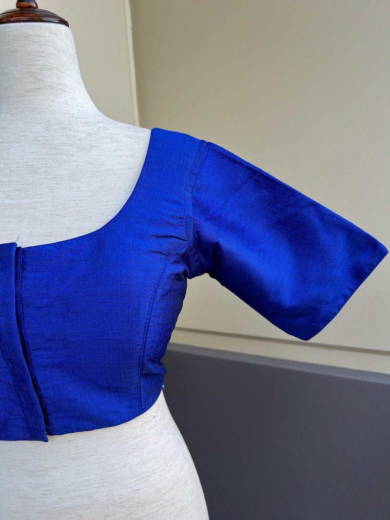 Royal Blue Color Plain Blouse in Raw Silk Material Princess Cut ReadytoWear Blouses | Stitched Blouses for Sarees - Kaash