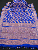 Royal Blue pure khaddi georgette banarasi silk saree with antique copper zari weave — Kaash Collection