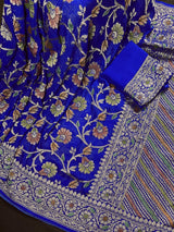 Royal Blue pure khaddi georgette banarasi silk saree with antique copper & platinum zari with brush paint — Kaash Collection