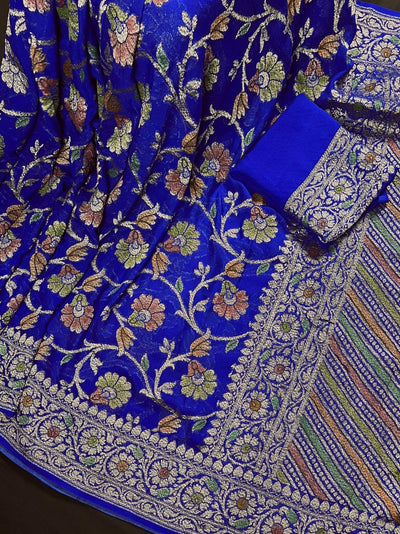 Royal Blue pure khaddi georgette banarasi silk saree with antique copper & platinum zari with brush paint — Kaash Collection