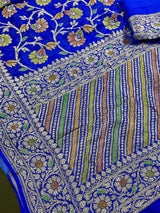 Royal Blue pure khaddi georgette banarasi silk saree with antique copper & platinum zari with brush paint — Kaash Collection