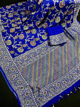 Royal Blue pure khaddi georgette banarasi silk saree with antique copper & platinum zari with brush paint — Kaash Collection