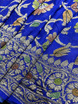 Royal Blue pure khaddi georgette banarasi silk saree with antique copper & platinum zari with brush paint — Kaash Collection
